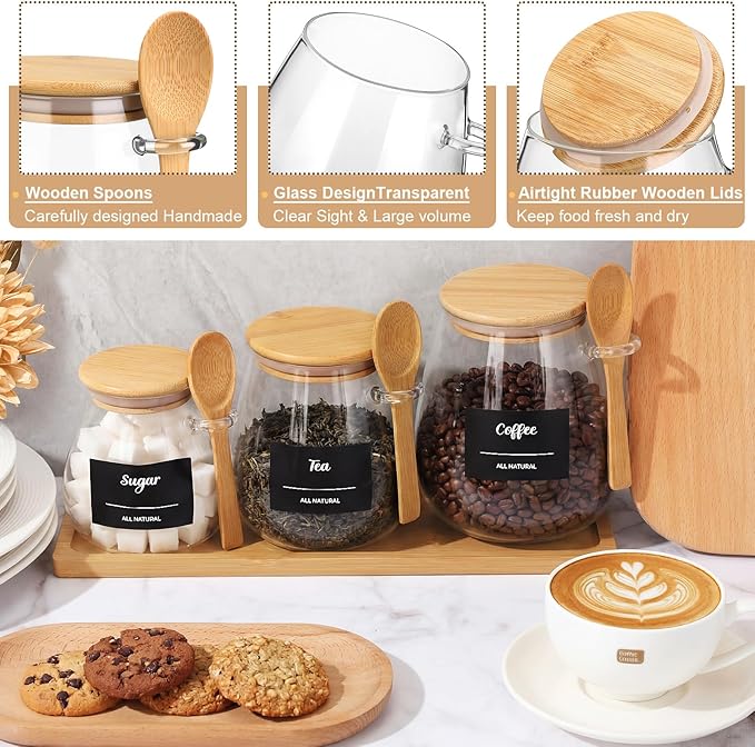 Suclain 3 Pcs Glass Coffee Container with Wooden Lid Spoon Tray Shelf Labels Clear Airtight Glass Jar Storage Container Set for Coffee Beans Tea Leaves Grains Dried Fruits Sugar Spice (16oz 28oz 38oz)