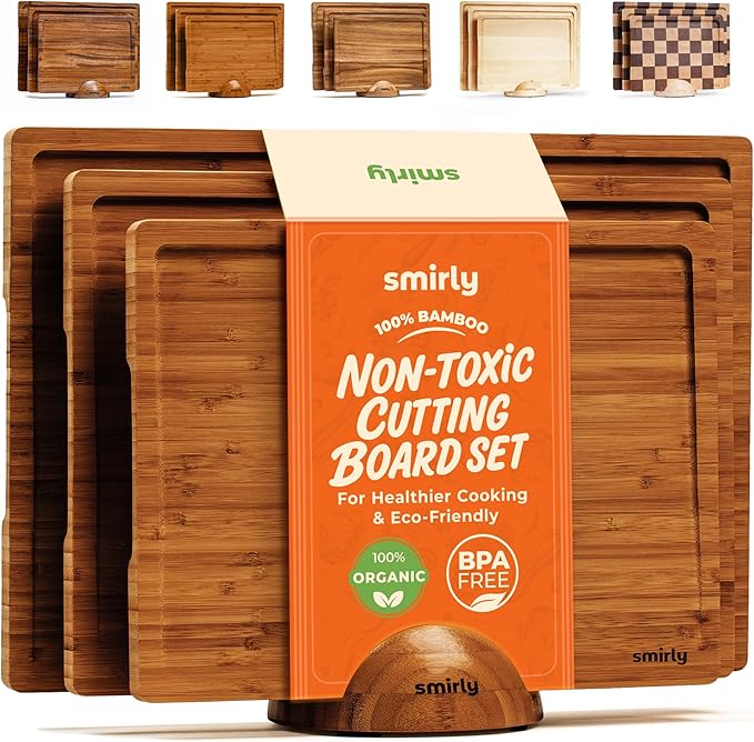 SMIRLY Wood Cutting Boards for Kitchen Wooden Chopping Board Set Reversible with Deep Juice Grooves Grip Handles, Large Charcuterie Tray, New Apartment Essentials, Carbonized Bamboo, 3Pcs with Holder