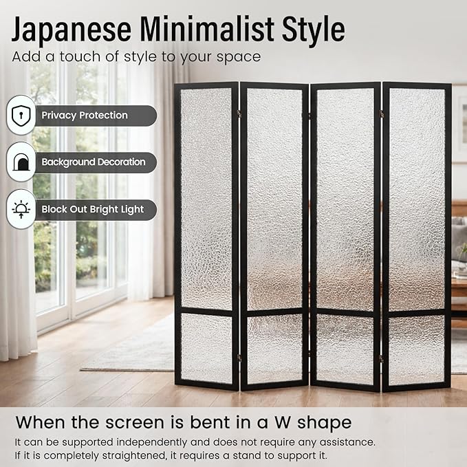 Acrylic Room Divider 4 Panel 67" Tall Room Divider and Privacy Screen with Solid Paulownia Wood Frame, Freestanding Partition Divider for Room Separation, Home, Bedroom, Office - Black