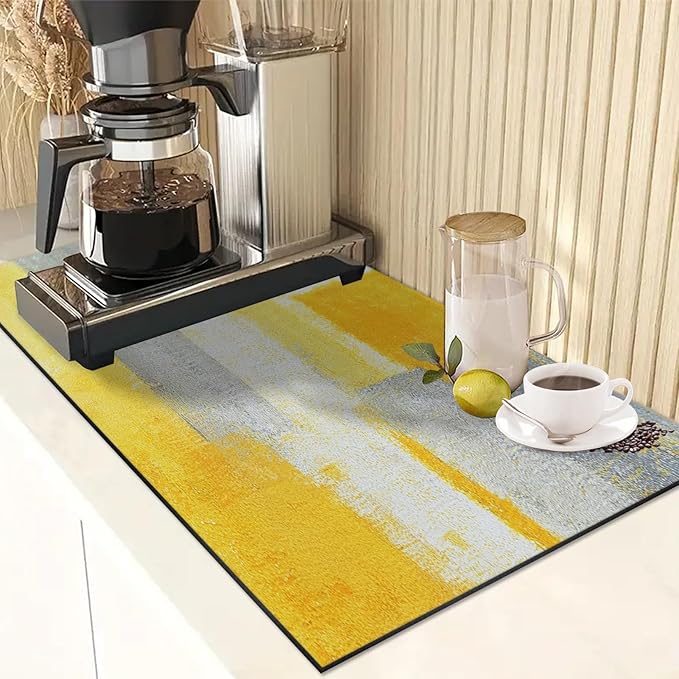 Arttown Coffee Mat for Countertops, Yellow White Grey Abstract Modern Dish Drying Mat 2 Pcs for Kitchen Bar Accessory, Fit Under Coffee Maker Espresso Machine Dish Rack Hide Stain 12x19in