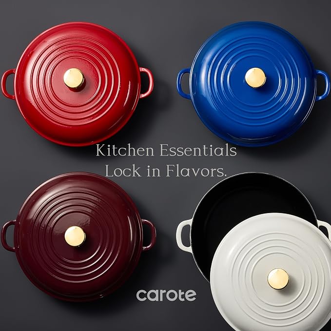 CAROTE 3.4QT Enamel Cast Iron Cookware, Skillet with Lid, Blue Dutch Oven | Shallow Round Braiser Pan Oven Safe, Non-Toxic Pot for Grilling, Searing, Baking, Dual Handles, All Stovetop Compatible