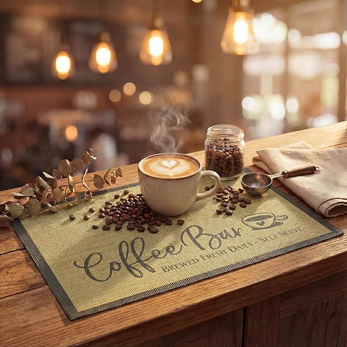 Artoid Mode Coffee Bar Mat Set of 2, Plastic Vinyl Washable Woven Non-Slip Table Mats for Coffee Machine Decor