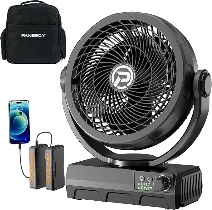 PANERGY 40000mAh Camping Fan, 2X Detachable Battery Operated Fan, 6-Speed Stepless Control, 90° Oscillation & 300° Tilt, 8H Timer, Portable for Home, Outdoor, Travel, Power Outage (Backpack Included)