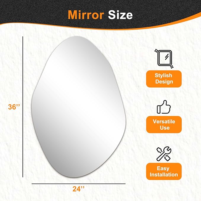 Delma Irregular Wall Mirror, 36"x24" | Asymmetrical Wavy Cloud Design, Frameless, Bathroom, Bedroom, Living Room & Entryway, Modern Boho, Wall-Mounted