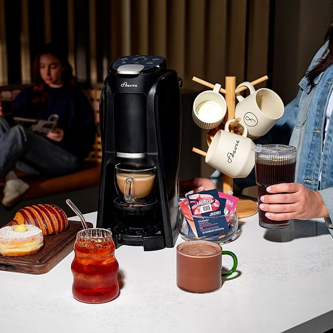 Flavia Aroma Brewer Bundle with 84 Freshpacks and 1 Merchandiser - Coffee Machine, Makes Coffee, Lattes, Tea, and other Hot or Iced Beverages, Multiple Brew Sizes, Black, Works ONLY with Freshpacks