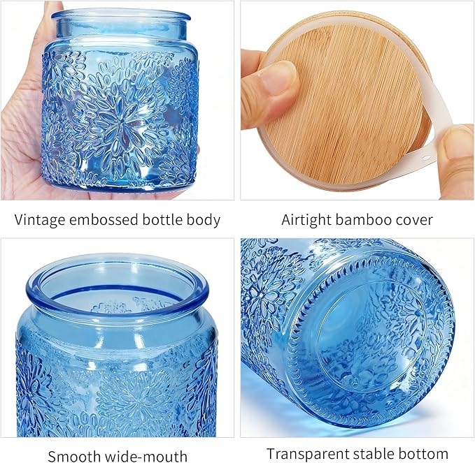1Pc Snowflakes Style Vintage Glass Candy Jar with Airtight Bamboo Lid, Kitchen Storage Canister for Sugar, Coffee, Tea, Cookies, Bath Salt - Decorative Mason Jar for Pantry & Counter (1, Blue, 17oz)