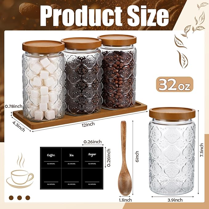 3 Pcs Glass Coffee Container Set with Wooden Lid Spoon Shelf Labels Clear Sugar Tea Airtight Jar Food Storage Canisters Set for Spice Holder Coffee Bar Gifts(Begonia,32 oz)