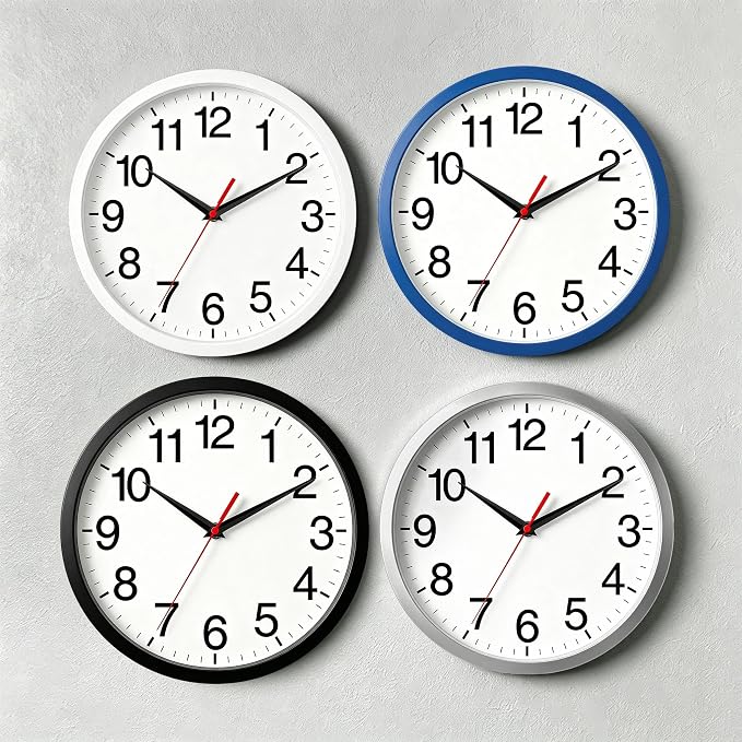 Rohioue Wall Clock Modern 10 Inch Battery Operated Silent Non Ticking Analog Clock Decorative for Bedroom Kitchen Bathroom Office Home Living Room (Silver)