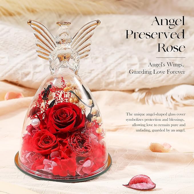 Mothers Day Roses Gifts for Mom Forever Preserved Real Roses Flowers in Glass Angel Figurines Fresh Flowers for Delivery for Grandma Women Mom Wife from Daughter/Red