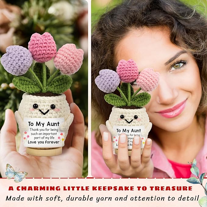 Aunt Gifts - Mothers Day, Birthday Gifts for Aunt from Kids Nephew Niece - Auntie Present for Women - 5.51'' x 4.13'' Knitted Positive Tulip Flowers Auntie Crochet Doll