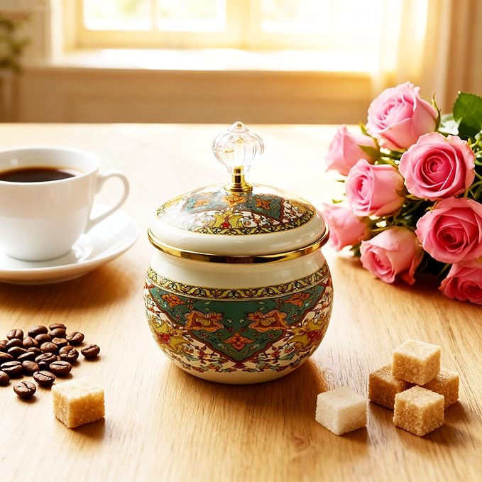 Floral Enamel Sugar Bowl Gold Ethnic Seasoning Jar Vintage Tea Canister Spice Box Retro Coffee Candy Storage Pot Bohemian Salt Container Jar for Home Kitchen Decor