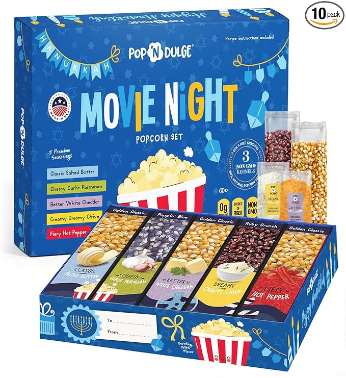 Hanukkah Gifts Movie Night Popcorn Gift Set, Kosher OU-D, Gift Baskets, 5 Gourmet Popcorn Kernels and 5 Flavoring, Non-GMO Hanukkah Set - 10 Pack, Gifts Ideas For Men, Women, Kids