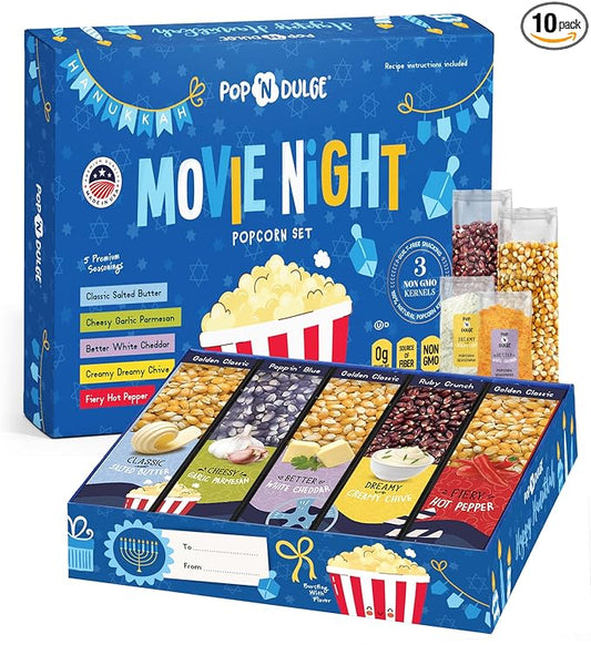 Hanukkah Gifts Movie Night Popcorn Gift Set, Kosher OU-D, Gift Baskets, 5 Gourmet Popcorn Kernels and 5 Flavoring, Non-GMO Hanukkah Set - 10 Pack, Gifts Ideas For Men, Women, Kids