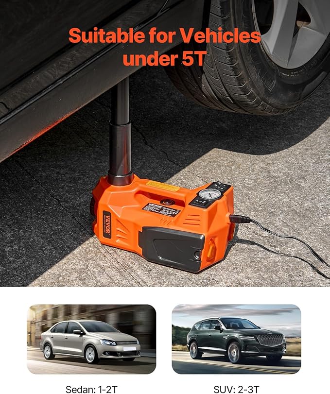VEVOR Electric Car Jack, 5 Tons /11000 lbs Electric Jack with Built-in Inflator, 12V Adjustable Tire Change Replacement with Secure Hammer & LED Light, Portable Jack kit for Sedan, SUV, Truck