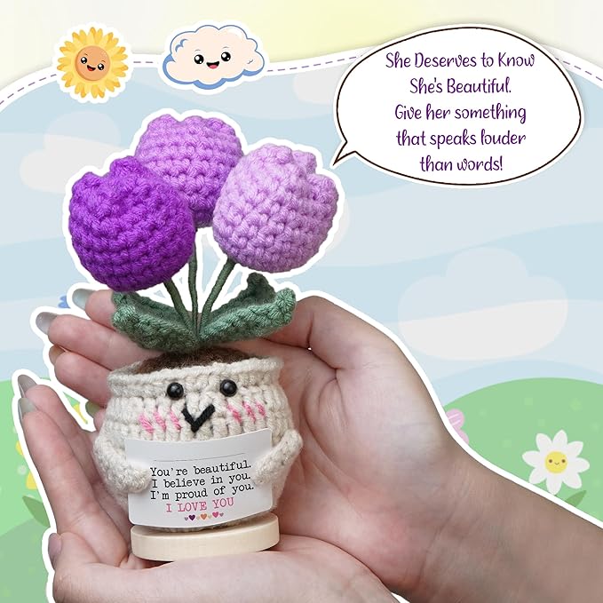 OASSIE Birthday Gifts for Daughter - Handmade Emotional Support Crochet Tulip with Card - Inspirational Appreciation Mothers Day Graduation Gifts for Women Daughter Granddaughter