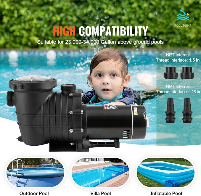 VEVOR 1.5HP Dual Voltage Above Ground Pool Pump 100 GPM 110/240V