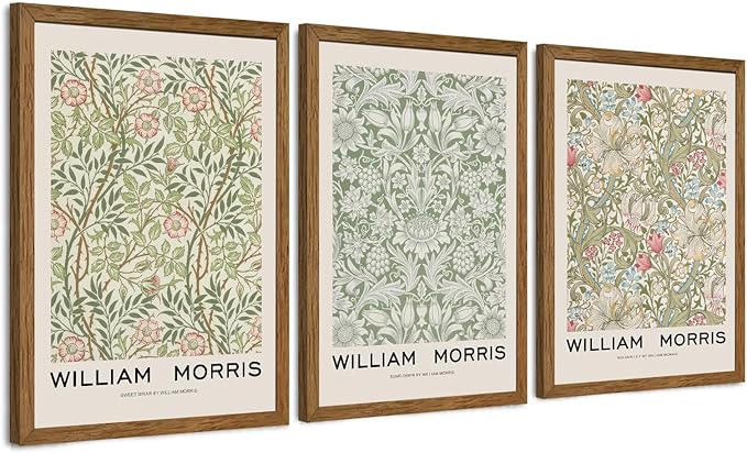 JLTULT 3 Piece Wood Frames Vintage Floral Canvas Wall Art, William Morris Flower Pattern Wall Decor, Nature Botanical Picture Artwork Prints for Living Room Bedroom Office 12x16 inch Easy to Hang