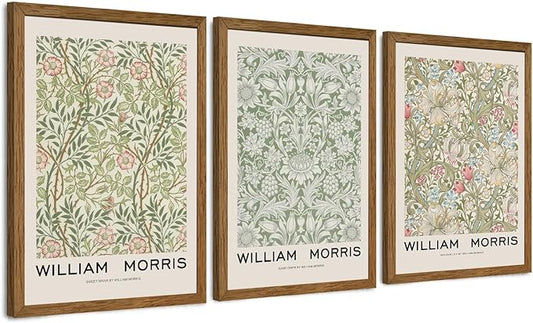 JLTULT 3 Piece Wood Frames Vintage Floral Canvas Wall Art, William Morris Flower Pattern Wall Decor, Nature Botanical Picture Artwork Prints for Living Room Bedroom Office 12x16 inch Easy to Hang