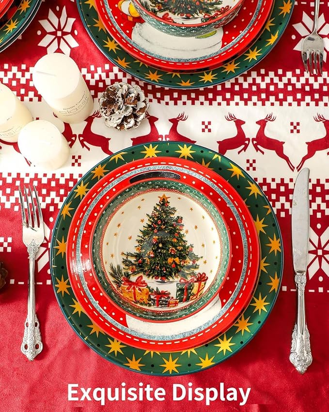 HASENSE 18 Pieces Dinnerware Sets for 6, Christmas Plates and Bowls Set for Valentie's Day, Ceramic Chip Resistant Tableware Dishes Set, Scratch Resistant Microwave and Dishwasher Safe, Multicolor