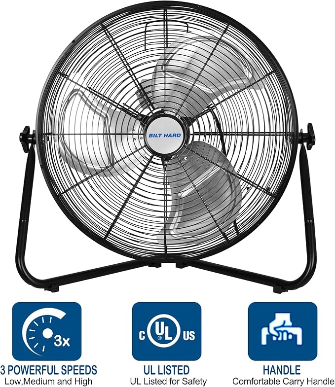 BILT HARD 20 Inch Heavy Duty Floor Fan - 4650 CFM High Velocity, 3-Speed with Wall-Mounting System, Industrial Shop Fan for Commercial, Garage, and Greenhouse