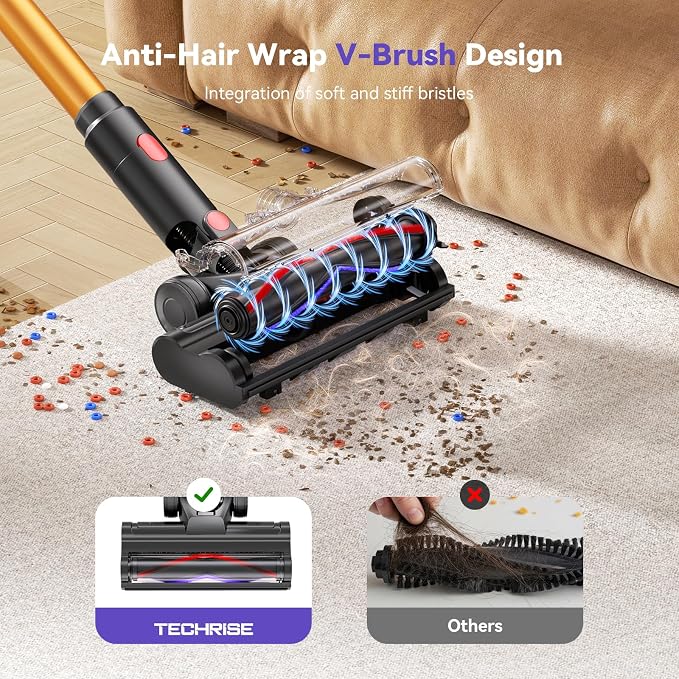 TechRise Cordless Vacuum Cleaner for Home, 550W 45KPa for Pet Hair & Floors | 60 Min Runtime, HEPA Filter, Self-Standing Design, Anti-Tangle Brush & LED Light for Carpets and Hard Floor Cleaning
