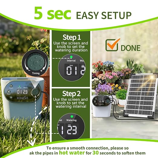 Solar Drip Irrigation System, Auto Plant Waterer for 30 Pots | 8W Solar Powered DIY Watering Device with 22 Timer Modes, HD LED Display, Anti-Siphon, Outdoor Garden Greenhouse