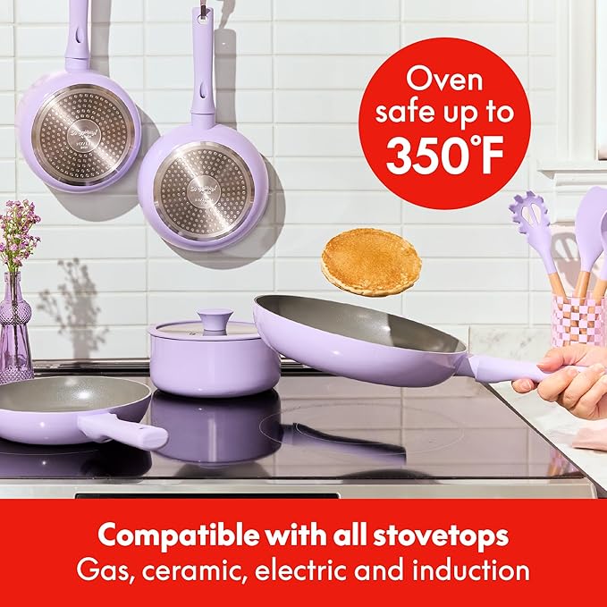 So Yummy by bella 12 Piece Cookware Set w EverGood™ Ceramic Nonstick Coating and Silicone & Wood Utensils, Dishwasher Safe Silicone & Glass Lids, Oven Safe & All Stovetop Compatible, Lavender