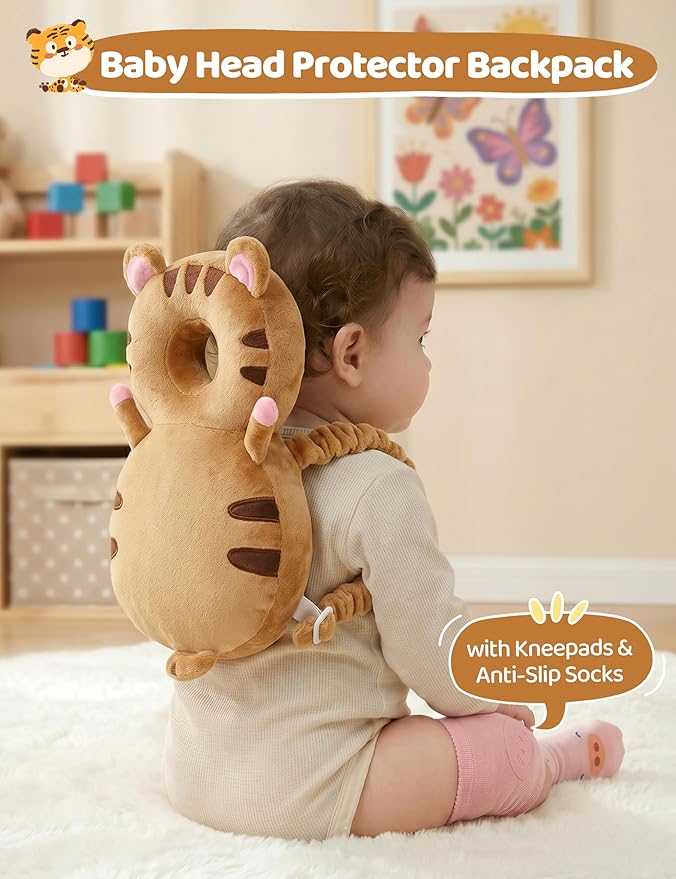 JunNeng Toddler Baby Head Protector Backpack for Toddler Walker with Knee Pads&Anti-Slip Socks, Tiger
