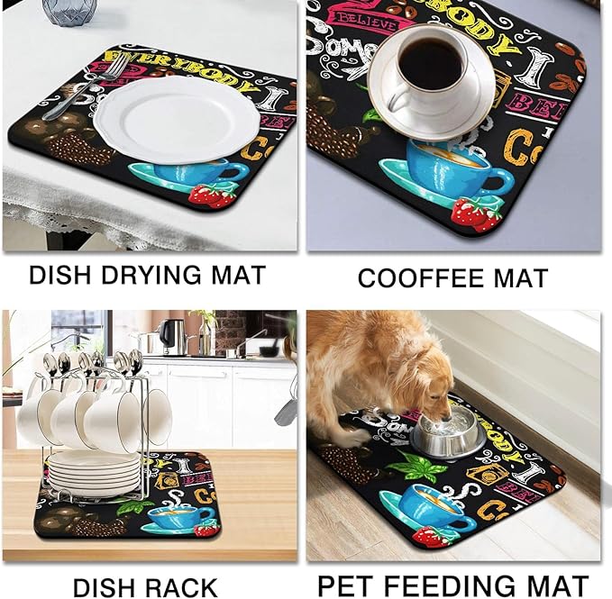 Coffee Bar Mat Accessories for Countertop Absorbent Hide Stain Rubber Backed Dish Drying Mats for Kitchen Counter Draining Pad Decor Gift(18x16in)