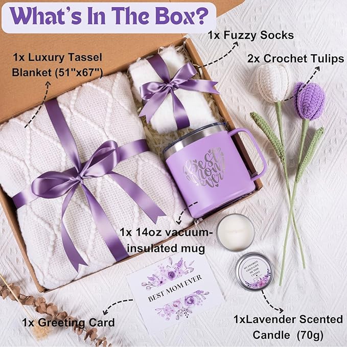 Mothers Day Gifts for Mom from Daughter Son Child, Mother Day Gift Basket for Stepmom, Mother-in-Law, Best Mom Ever Gift Box Set with Blanket Coffee Mug Socks Crochet Tulips Flower