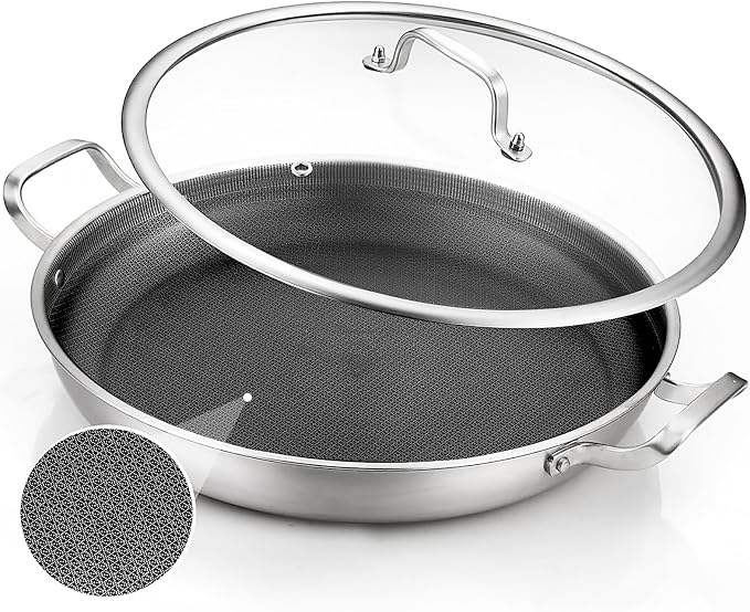 DELARLO Paella Pan 14 Inch Tri-Ply Stainless Steel Paella Pan with Lid Nonstick Frying Pan, Hybrid Induction Large Skillets,Great for Paella Parties Indoors Outdoors,Heavy Duty Style