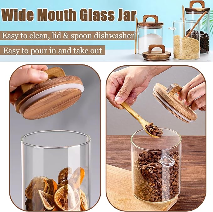 Coriario Glass Jar with Lid and Spoon 24&27&32 OZ Coffee Tea Sugar Canister Set of 3 Clear Glass Storage Jars Wooden Handle Lids Wide Mouth Glass Coffee Canister for Food Kitchen Candy