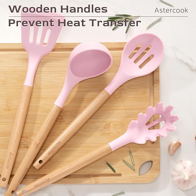 Astercook Kitchen Utensils set, 39 PCS Silicone Cooking Utensils Set with Wooden Handle, 446°F Heat Resistant Food Grade Utensil Sets, BPA Free Kitchen Gadgets Tools Set for Mothers Day Gifts