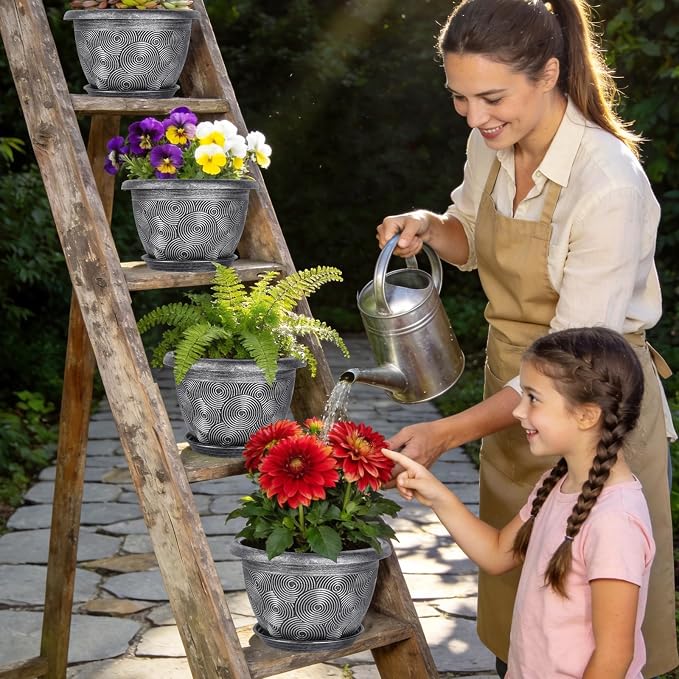 8-Inch-Plastic -Pots-for -Plant with Saucer, 4 Pack Outdoor Planters with Drainage Holes, Decorative Flower Pots for Indoor Plants, Modern 3D Swirl Silver Plant Pots with with Removable Tray