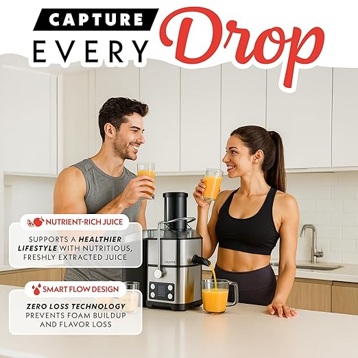 Gourmia Centrifugal Juicer - 6 Speed Digital Juice Extractor with Extra-Wide Chute, Pulse Mode, Self-Clean Cycle, 36 oz Pitcher, Pulp Container & Cleaning Brush, Stainless Steel
