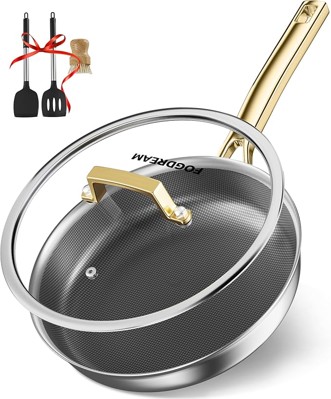 FogDream Non Stick Frying Pans, 10in Titanium Pans for Cooking, Hybrid Stainless Steel Skillet with Spatulas, PFOA Free Cookware, Stay Cool Handle, Dishwasher & Oven-Safe,Induction Compatible,Gold