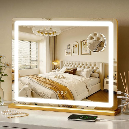 ROLOVE 23"x18" Gold Vanity Mirror with Lights, Large Lighted Makeup Mirror with 10X Magnifier, 3 Color Lighting & Stepless Dimming, Wall Mounted or Tabletop Desk Mirror for Bedroom