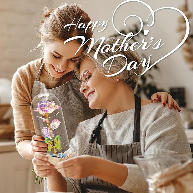 Otlonpe Preserved Forever Mothers Day Flower Gifts for Mom, Glass Rose Wood Base Colorful Light Butterfly Gifts for Women Grandma Girlfriend Wife Her, Valentines Mothers Day Christmas Birthday