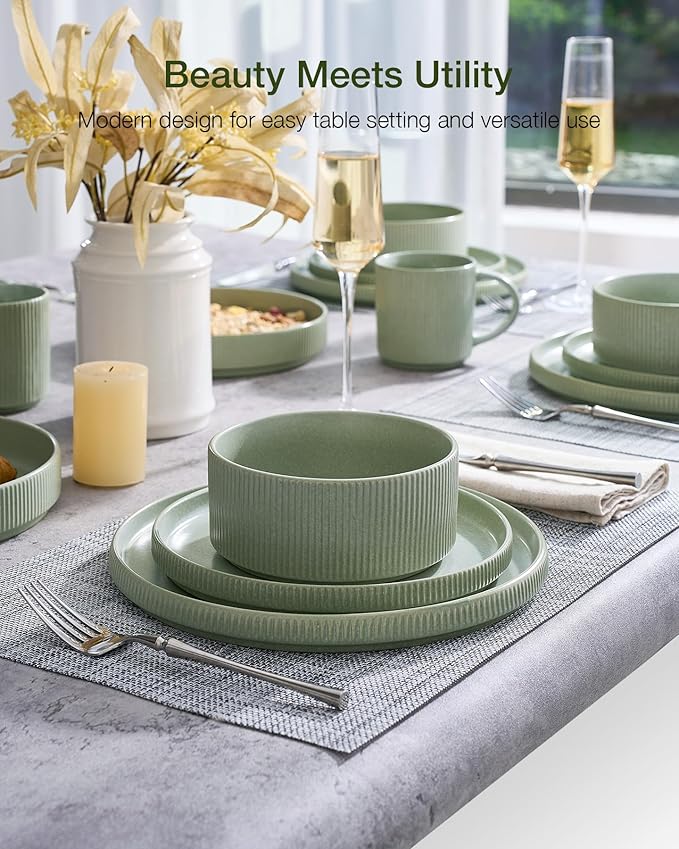Famiware Star 12-Piece Stoneware Dinnerware Sets, Service for 4 - Handcrafted Reactive Glaze Plates and Bowls, Modern Rustic Dishes, Chip/Scratch Resistant, Microwave/Dishwasher Safe, Matte Sage Green