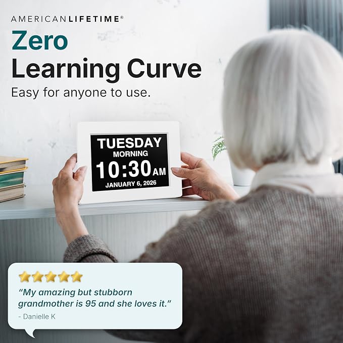 American Lifetime New 2026 Dementia Clock Large Digital Clock for Seniors, Large Display with Custom Alarms, Calendar Clock with Day & Date for Elderly, Clear Numbers Alzheimer Digital Clock White