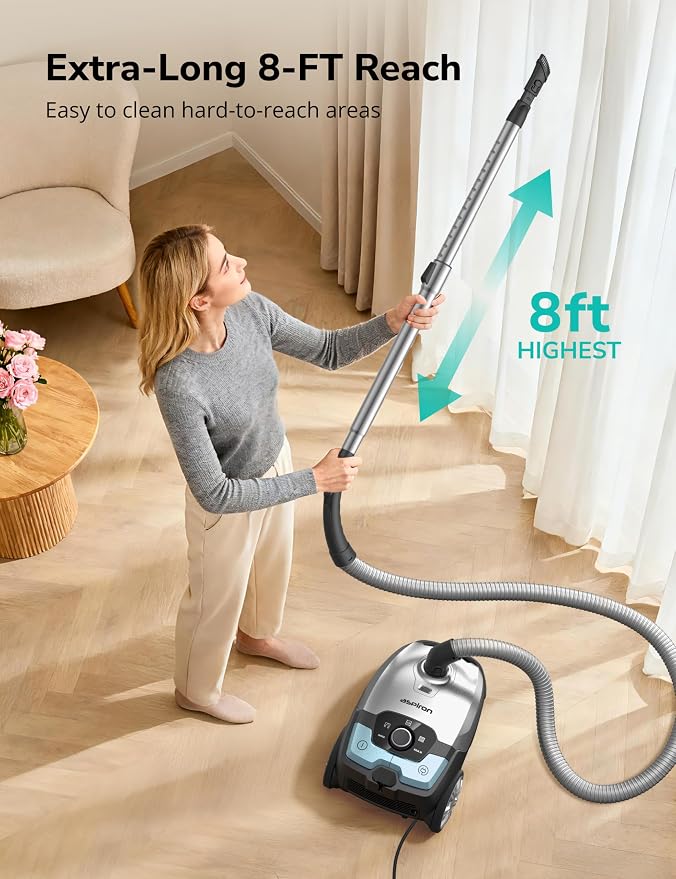 Aspiron Canister Vacuum, 1700W/45KPA Bagged Vacuum Cleaner, 5L Large Capacity, Auto Cord Rewind, HEPA Filter, Low Noise, 8M Cleaning Radius, Easy to Push, for Hard Floor, Low Pile Carpet, Crack, Car