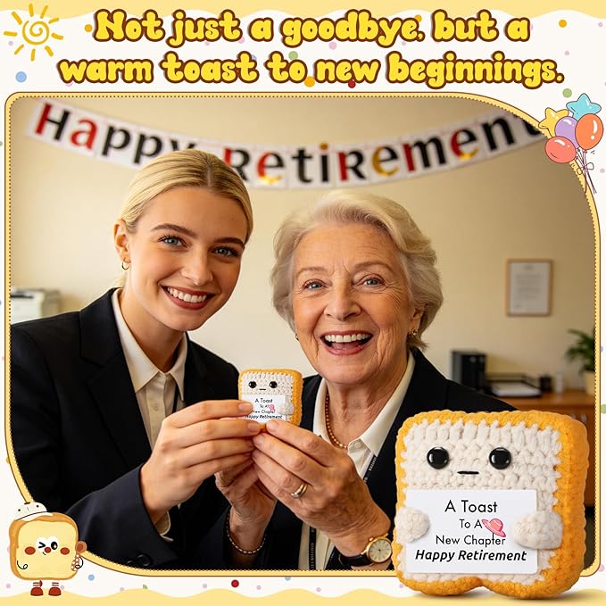 Crochet Toast Retirement Plush – Handmade “A Toast to a New Chapter” Card – Unique Retirement Gift for Coworker, Boss, Teacher, Mom, Dad – Funny Retired Present Desk Decor Keepsake