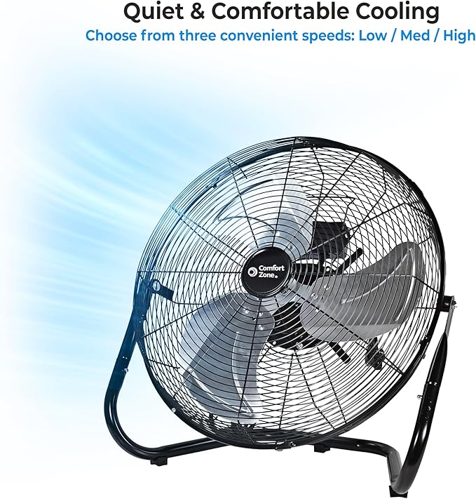 Comfort Zone Cradle Floor Fan, Electric, High-Velocity,180 Degree Adjustable Tilt, 18 inch, 3 Speed, Carry Handle, Rubber Feet, Metal, Airflow 19.36 ft/sec, Ideal for Garage or Workshop, CZHV18BK