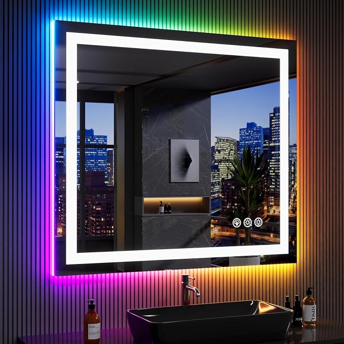 LOAAO 40"X38" RGB LED Bathroom Mirror with Lights, Anti-Fog, Dimmable, Lighted Bathroom Vanity Mirror, Multiple Light Modes, RGB Backlit + Front Light, Memory Function, Tempered Glass, ETL Listed