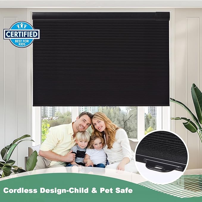 Tonature No Drill Cellular Shades for Indoor Windows, Thermal Insulating & Noise Reducing Honeycomb Blinds, Free Stop Cordless Blackout Shades, Black,52" W x 64" H