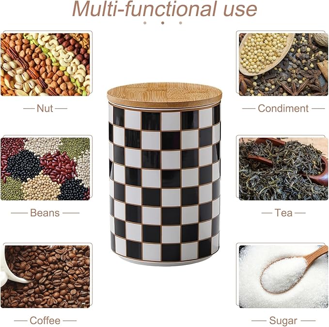 Kitchen Countertop Ceramic Checkered Canisters,Black And White Food Storage Containers With Lid,Airtight Kitchen Canisters for Flour, Sugar, Coffee, Tea, and Dry Goods (Black, XL)