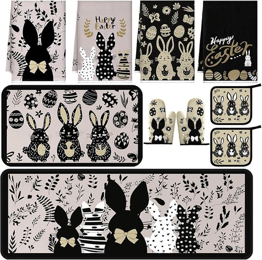Fourluoo 10 Pcs Easter Bunny Kitchen Decor Set Easter Kitchen Towels Oven Mitts and Pot Holder Spring Eggs Flowers Rugs and Mats Black Rabbit Gloves Potholders for Farmhouse Rustic Baking Cooking BBQ