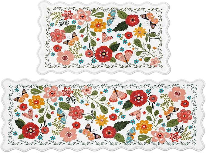Arenarug Scalloped Kitchen Mats for Floor 2PC Cushioned Anti Fatigue Kitchen Mats Rugs Waterproof Non Slip Farmhouse Boho Floral Comfort Foam Standing Mat for Sink Laundry, White