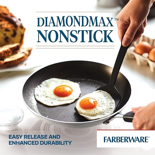 Farberware Non Stick Frying Pans Set, 2-Pc Cookstart Aluminum DiamondMax | Skillet Set with 8.25" and 10" Nonstick Skillets, Comfortable Grip, Easy to Clean, Oven Safe, & Dishwasher Safe (Silver)