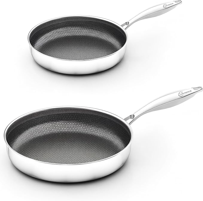 LOLYKITCH 10-12 Inch Hybrid Tri-Ply Stainless Steel Ceramic Nonstick Frying Pan Set,Skillets, Induction Cooking Pan, Oven & Dishwasher Safe